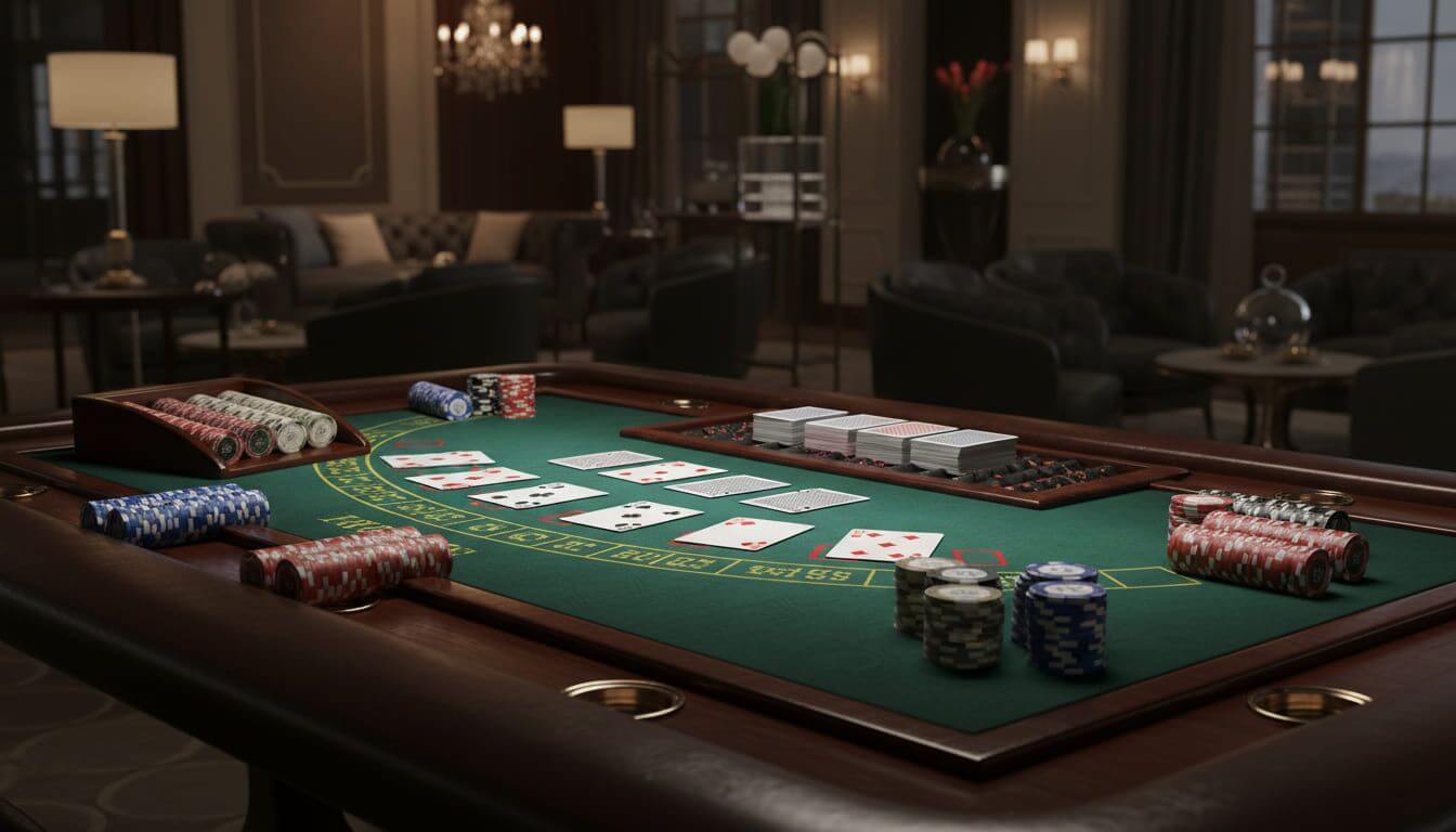 Blackjack masasında kart ve fiş dizilimi, 2026