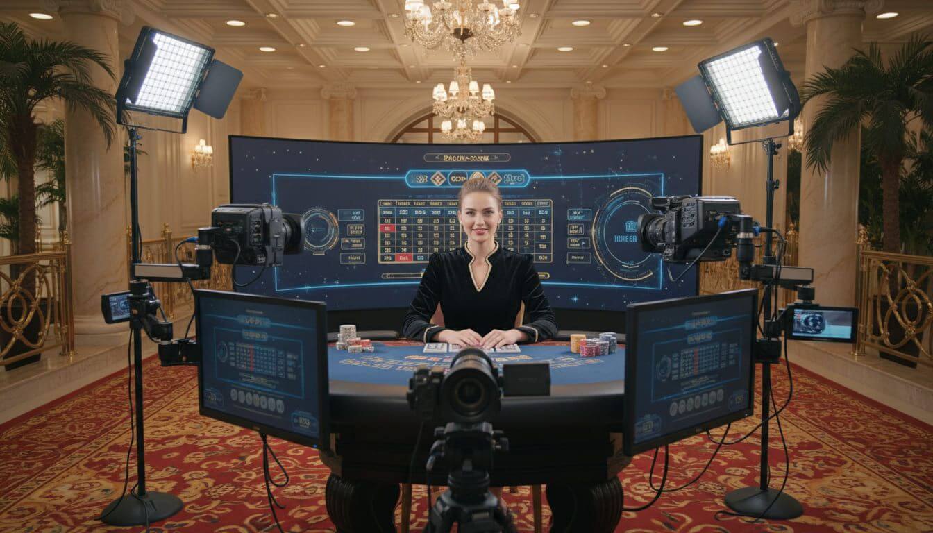 HD stüdyoda canlı casino masasını yöneten krupiye, 2026